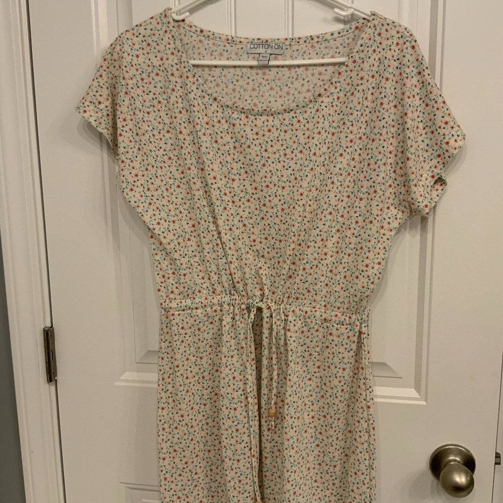 Floral Jersey Tie Waist Midi Dress Cream/White Tiny Floral Print